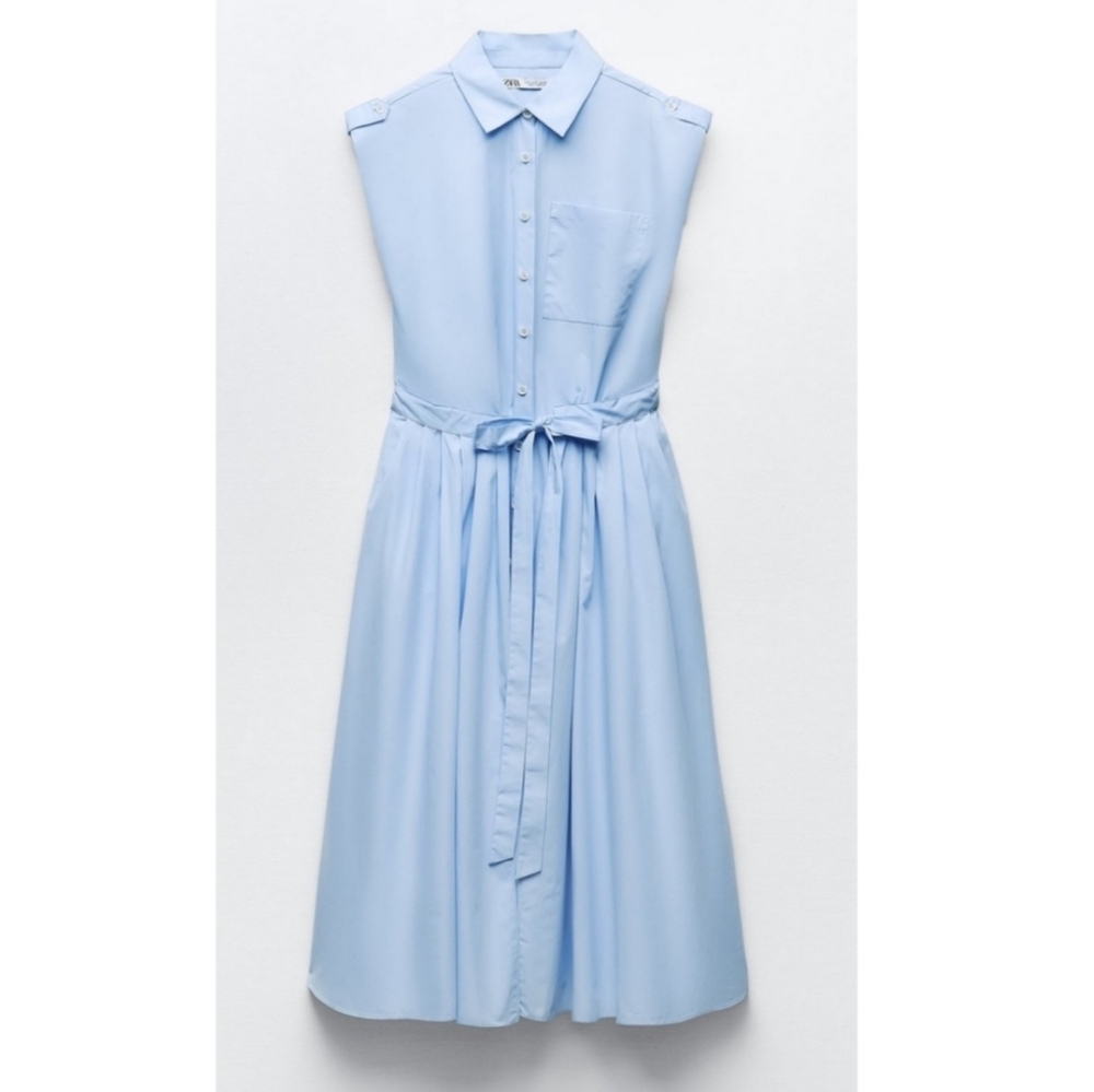 Zara  Poplin Sleeveless Collared Shirt Midi Dress Blue - Picture 13 of 16